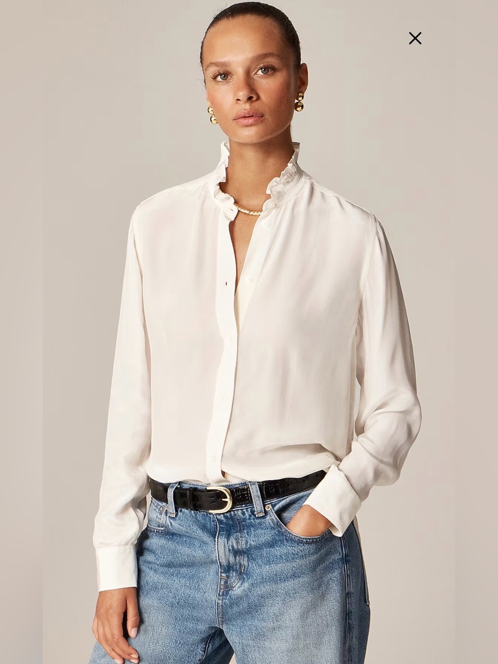 J. Crew Jules Ruffle-Collar Button-Up Shirt in Crepe de Chine